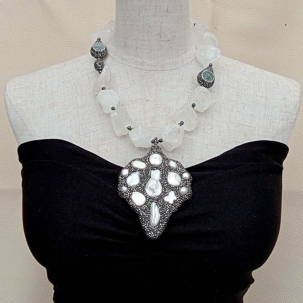 White Quartz Rough Necklace big pendant white pearl black crystal pave Pendant
