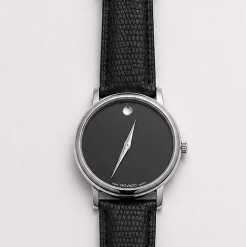 MOVADO Museum Black Round Dial Black Leather Strap Men’s Quartz Watch 2100002