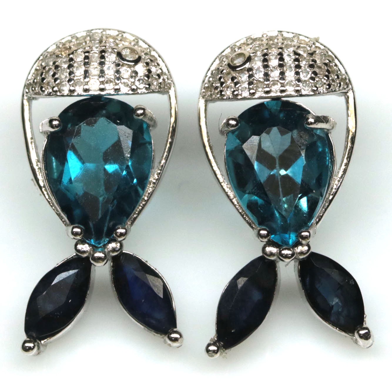 925 Sterling Silver 4 x 10 mm. London Blue Topaz, Sapphire & Zircon Earrings