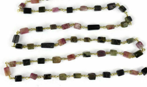3-10 Feet Natural Multi Tourmaline Square 4X6-5x7mm Beads Rosary Chain Gold Wire