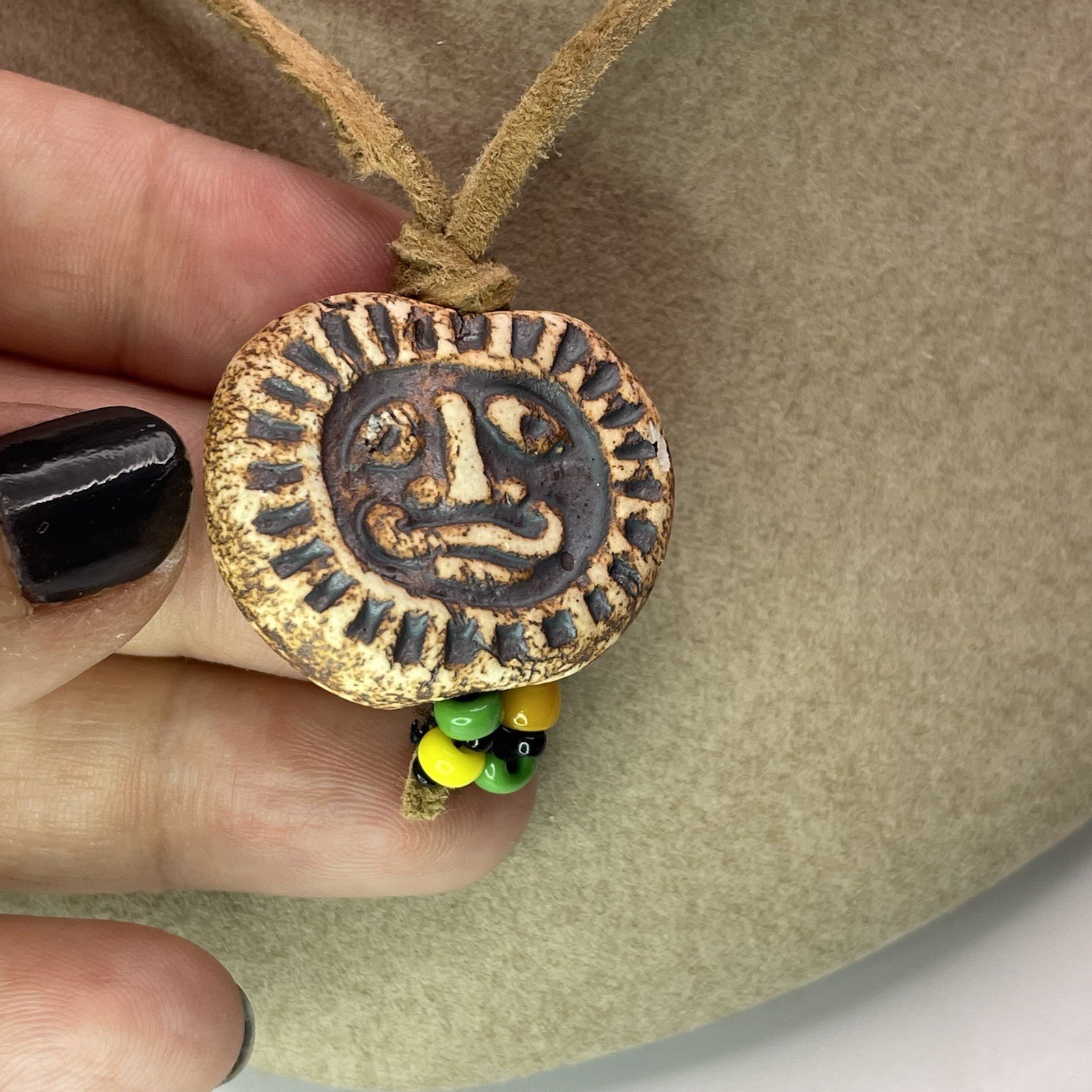 1970s Vintage Cermic Charm necklace Glass Beads Leather Cord Approx 24” Handmade
