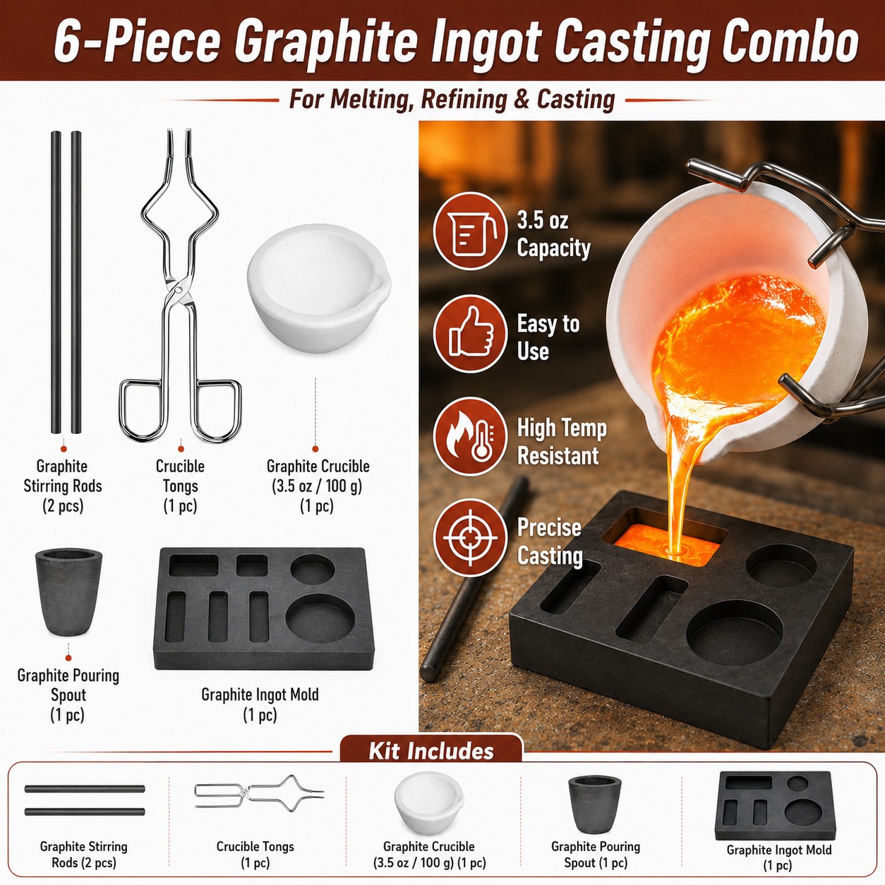 6PCS Gold Silver Copper Melting Refining Kit Graphite Ingot Mold Combo Set