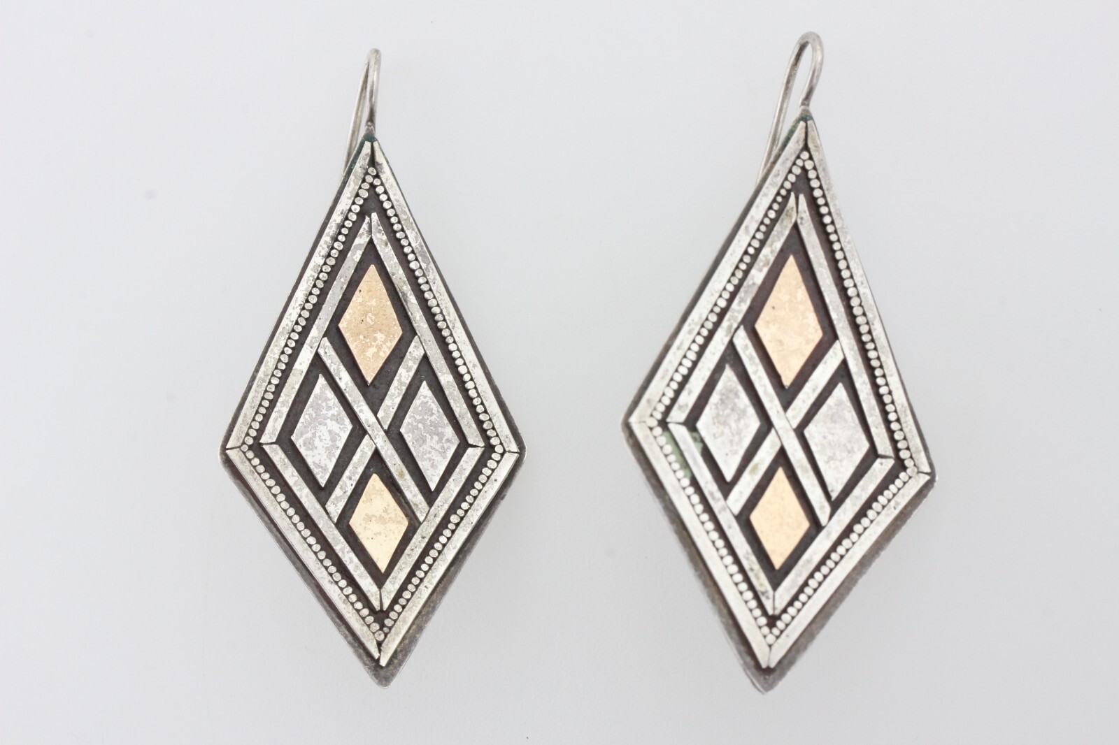 Vintage Sterling Silver 925 & 22K Gold Abstract Shape Pattern Hook Earrings