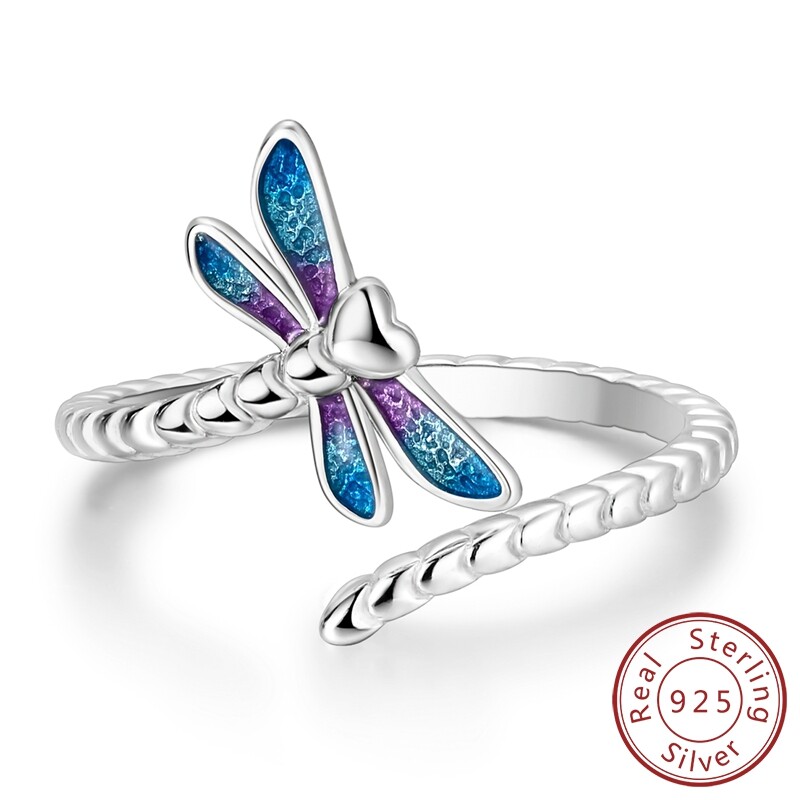 MULA S925 Sterling Silver Open Ring Colorful Enamel Dragonfly For Women Jewelry