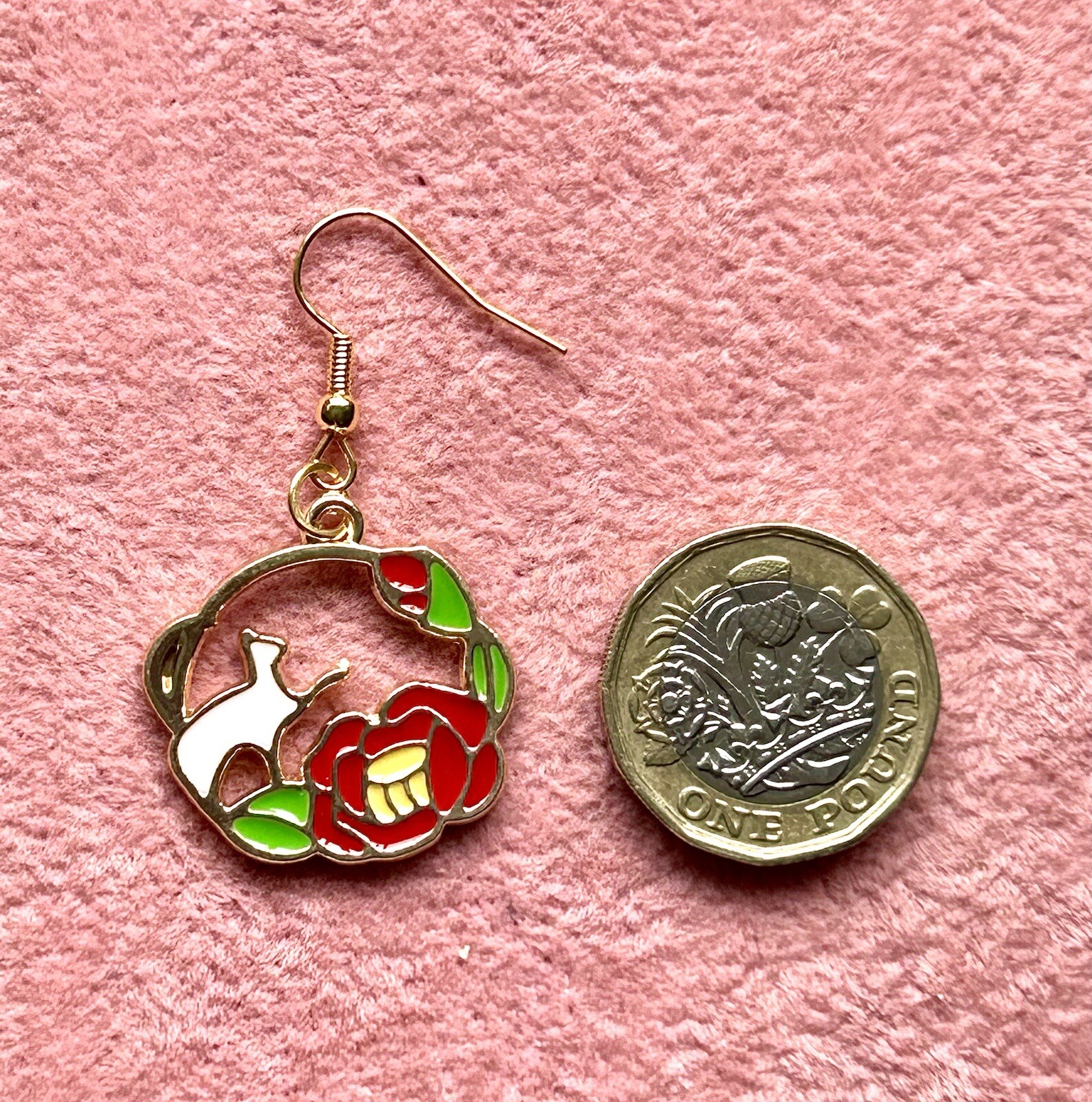 Japanese Style Gold Tone Alloy Enamel White Deer & Red Camellia Dangly Earrings