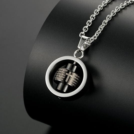 Bible Verse Cross 360* Spinner Charm Pendant Titanium Steel Necklace with Chain