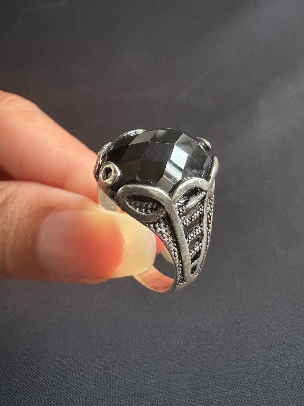 Vintage Silver Ring Faceted Black Onyx Ring Handcrafted Ring 10.75 US
