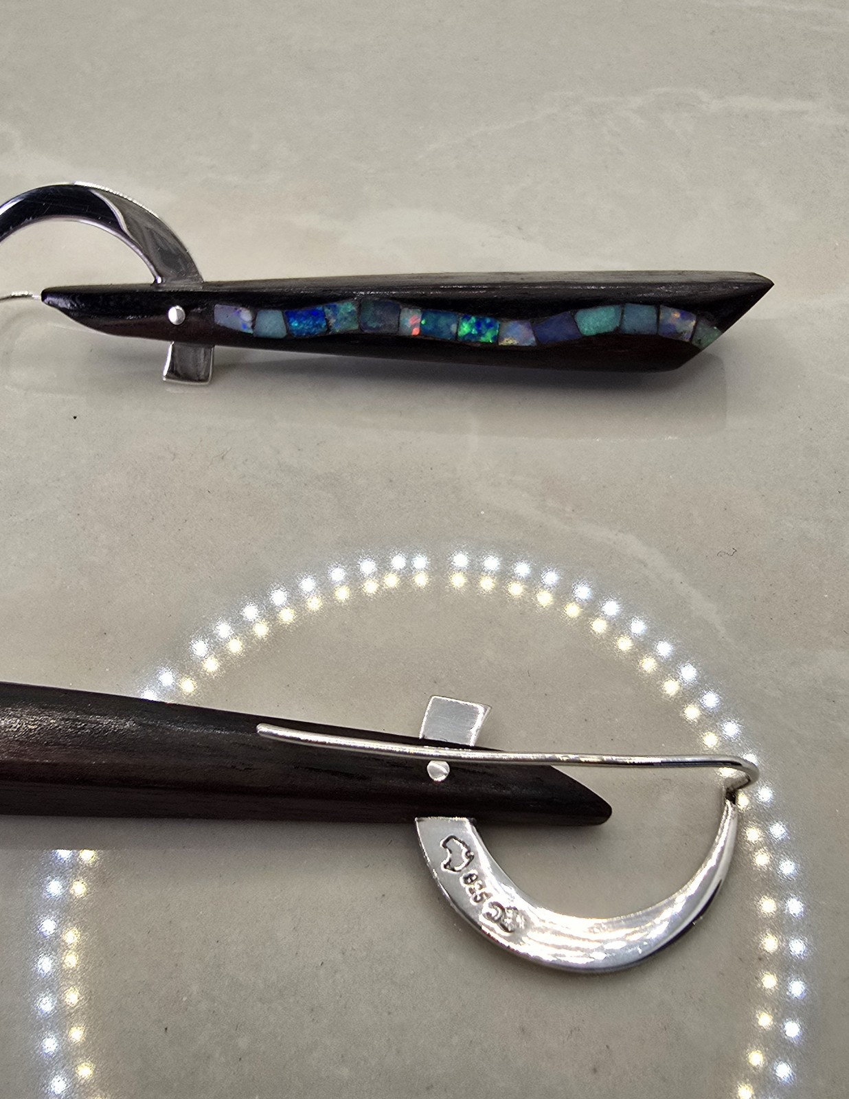 One of a Kind Hand Carved Ebony Earrings with Natural Opal Sterling Silver