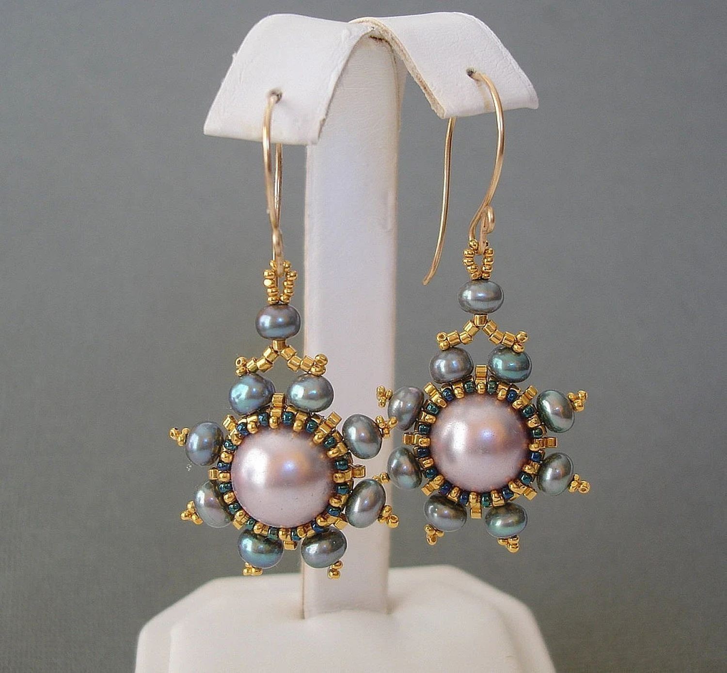 Handcrafted Round Lavander Shell Pearl Beadwork Bezel in Gold Seedbeads Earrings