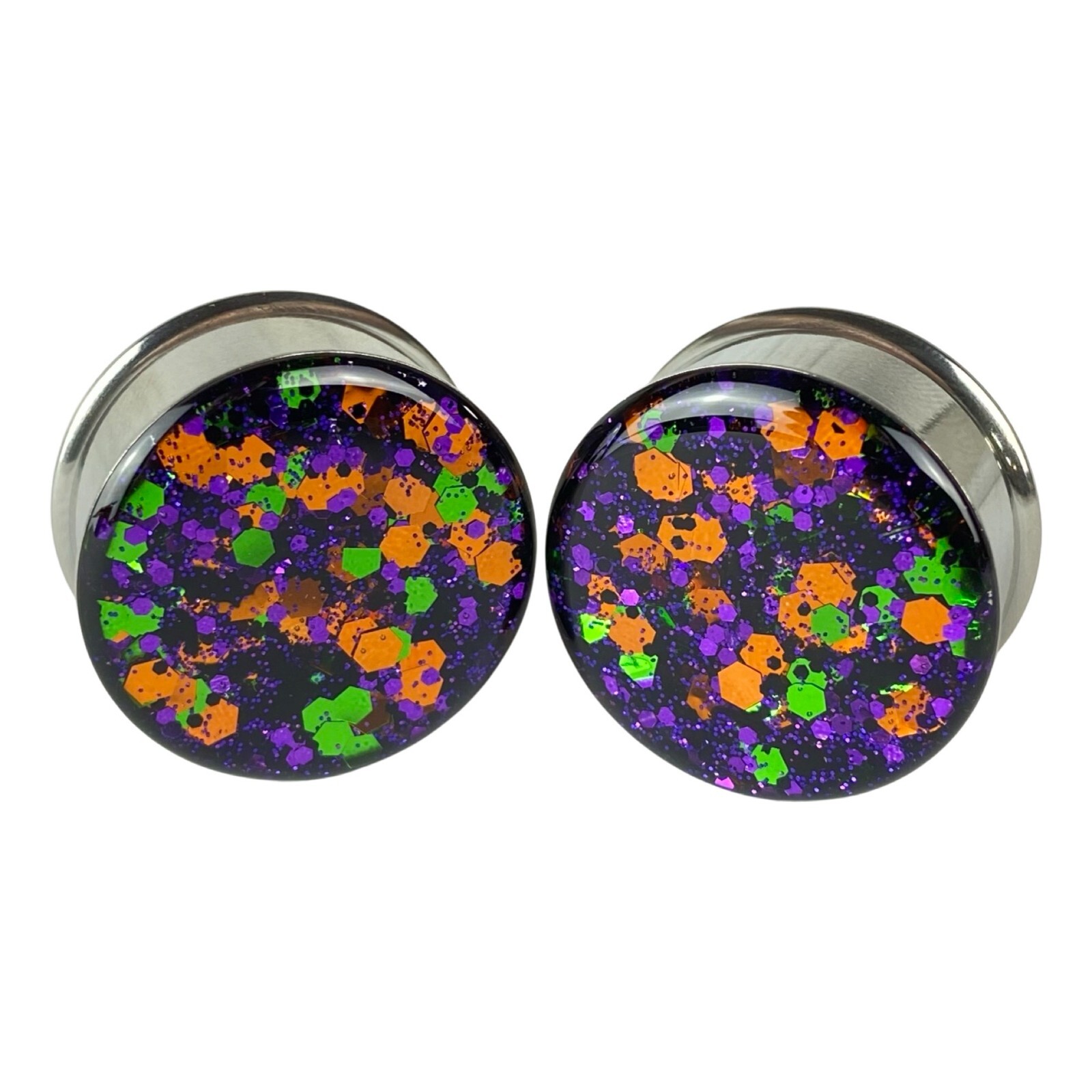 Embedded Halloween Glitter Steel Plugs (MTO-051) gauges pair handmade