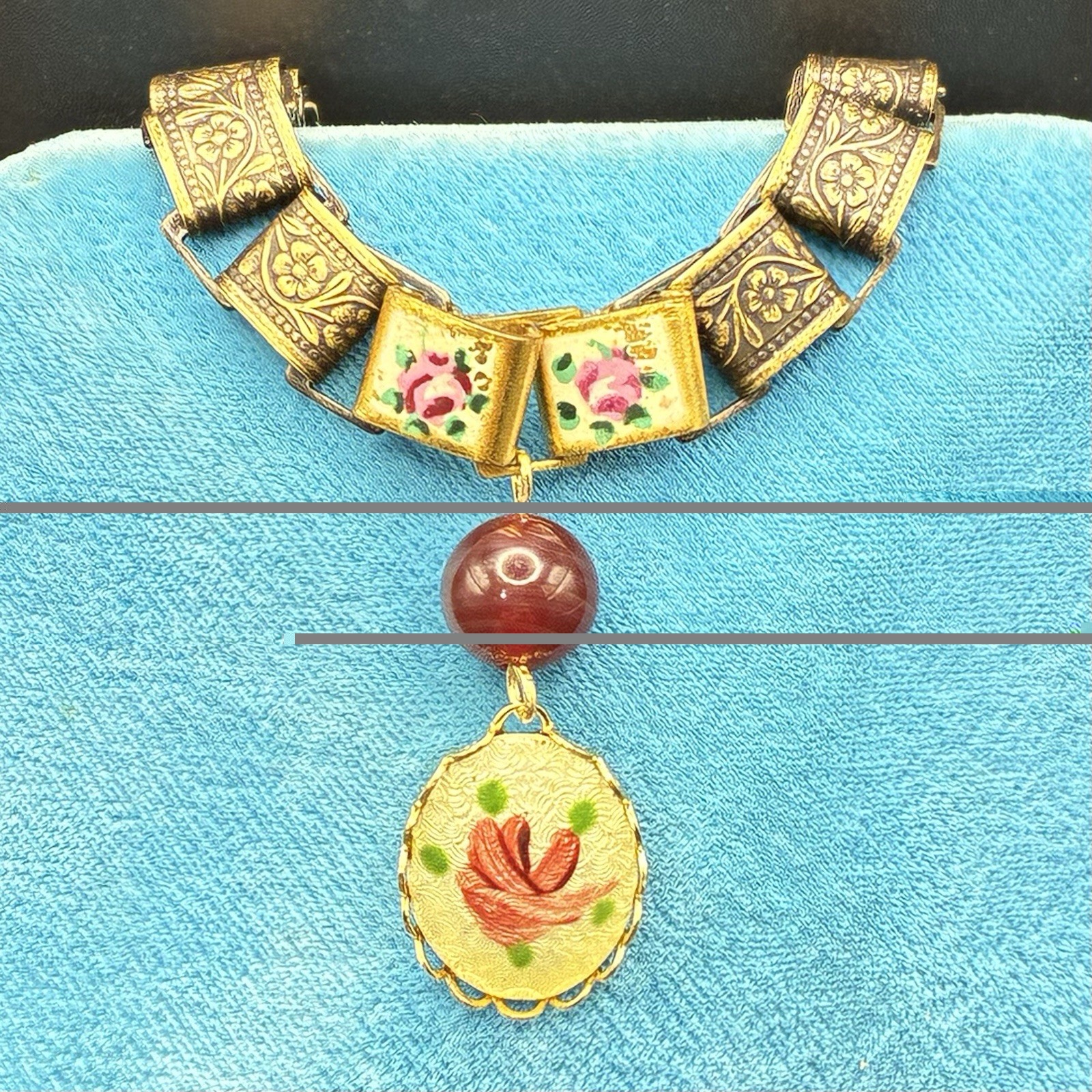 Vintage Rose Guilloche & Vintage Book Chain Integrated w New Book Chain Necklace