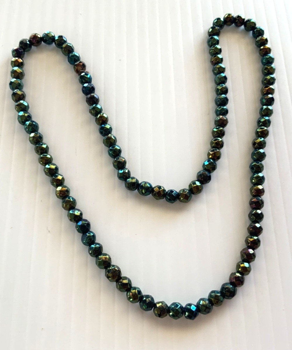 Vintage Glass Necklace Dark Blue Green Brown Yellow Faceted Bead Lovely !!