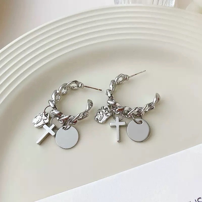 925 Silver Cross Charm Chain Hoop Earrings Vintage Dangle Huggie Earrings 444