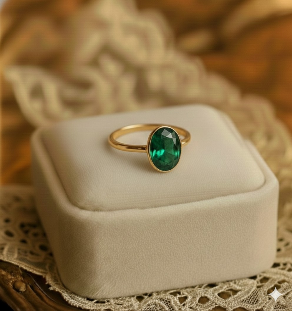 2.51 Ct Oval Cut Natural Emerald Wedding Bezel Ring 14K Solid Yellow Gold