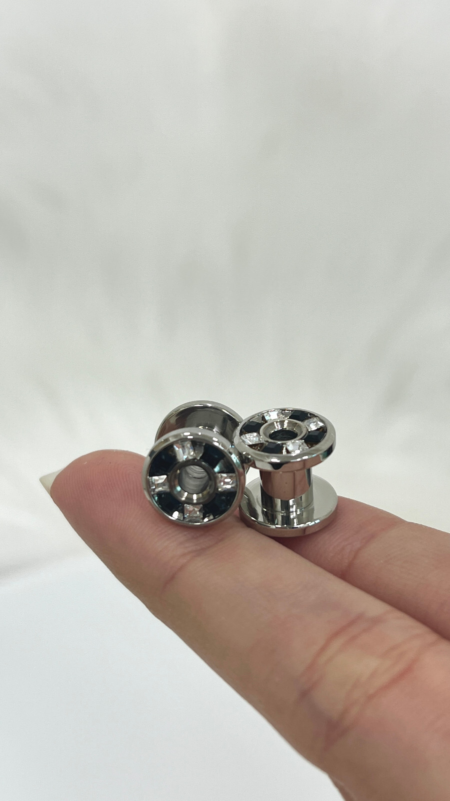 Pressed Rimmed Surgical Steel Black Clear CZ Screw Tunnel Ear Plugs – Sold Pair