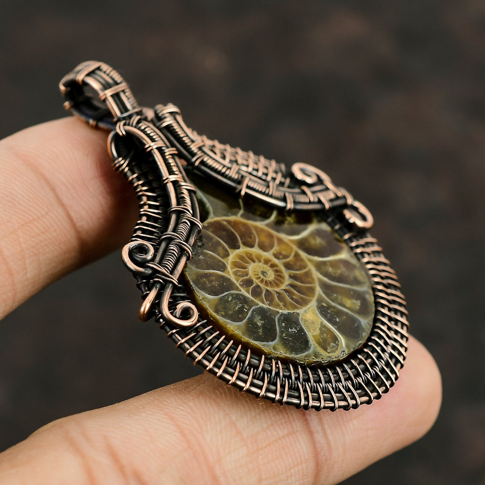 Ammonite Fossil Jewelry Copper Gift For Sister Wire Wrapped Pendant 2.44″