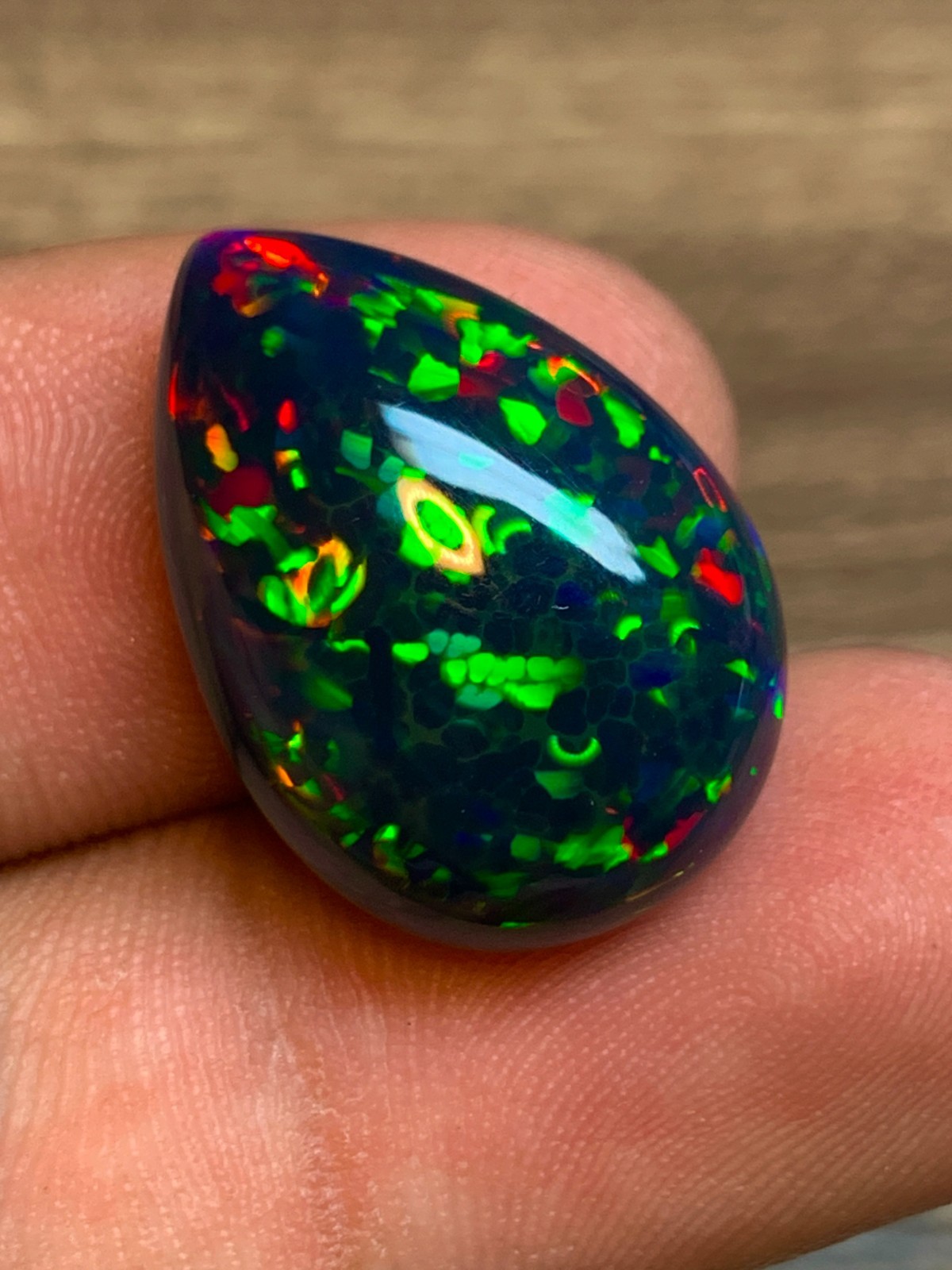Ethiopian Black Opal Gemstone 10.8 Carat Pear Cabochon Honeycomb Welo Loose Gem