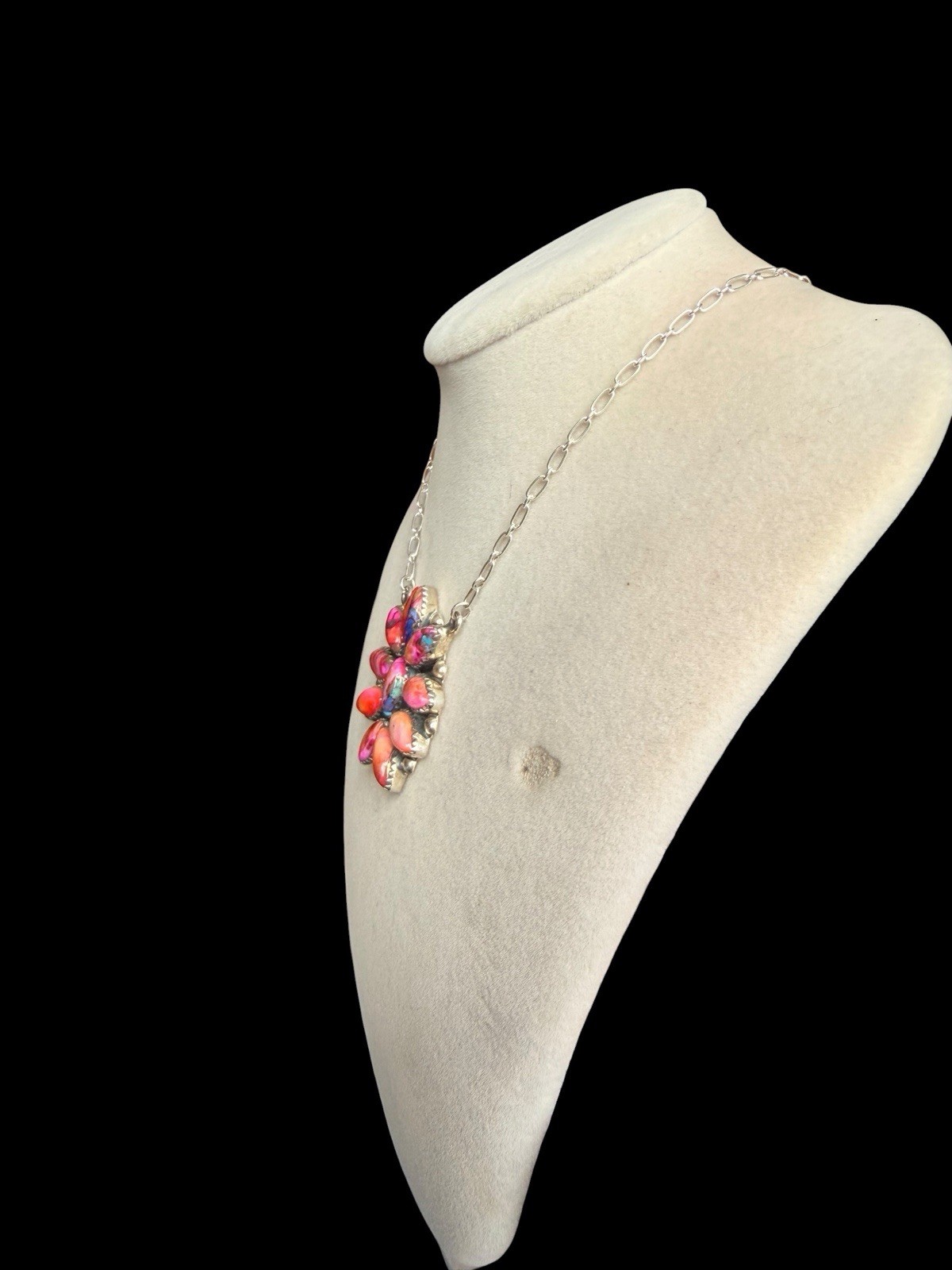 BEAUTIFUL SOUTHWEST STERLING SILVER DAHLIA ROSE TURQUOISE STONE FLOWER NECKLACE