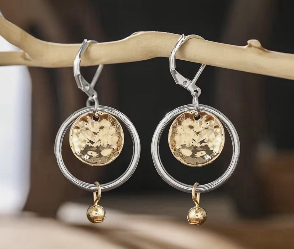 Woman’s Two Tone Alloy Disc Drop Pendant Earrings
