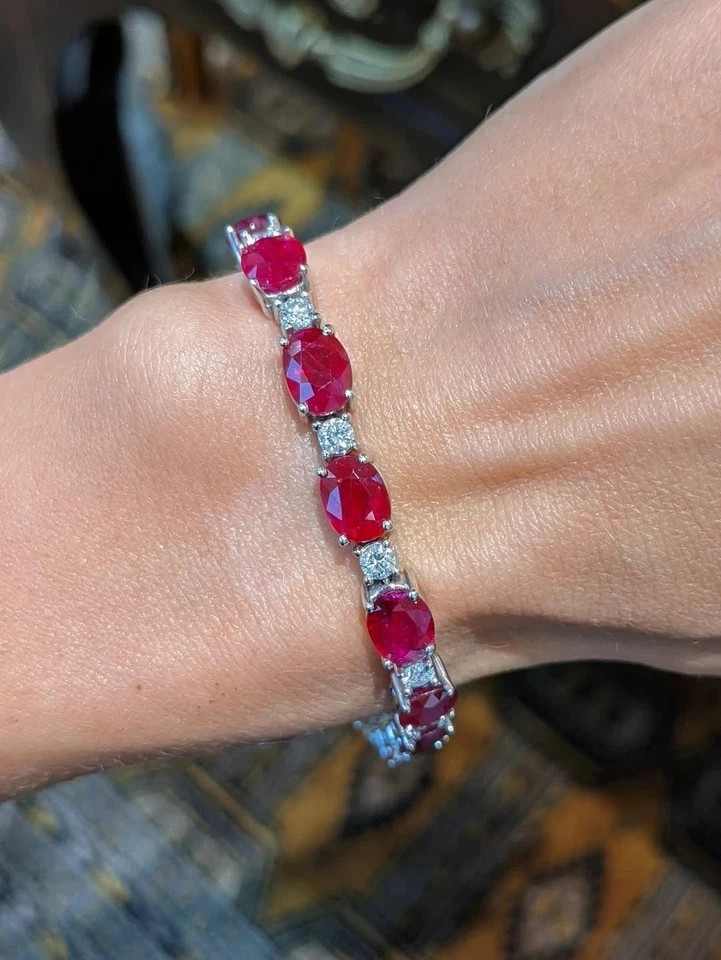 15TCW Oval Cut Lab Created Ruby & Diamond Tennis Bracelet 14k White Gold Plated