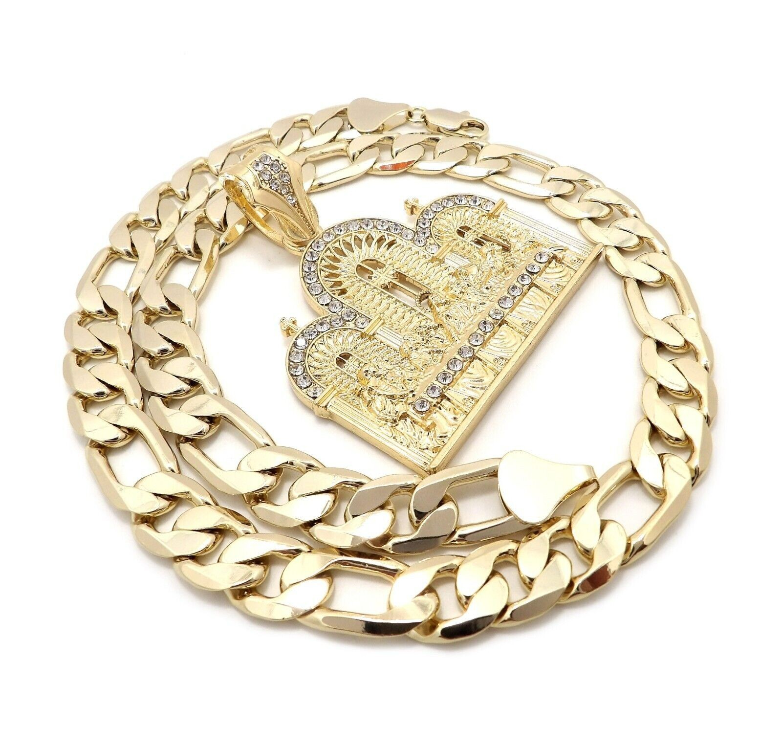 Jesus Last Supper CZ Iced Pendant & 14K Stamped 10mm Brass Figaro Chain Necklace