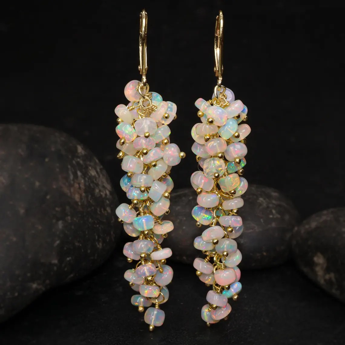 White Ethiopian opal gemstones 18k gold handmade earrings jewelry to Gift her b5