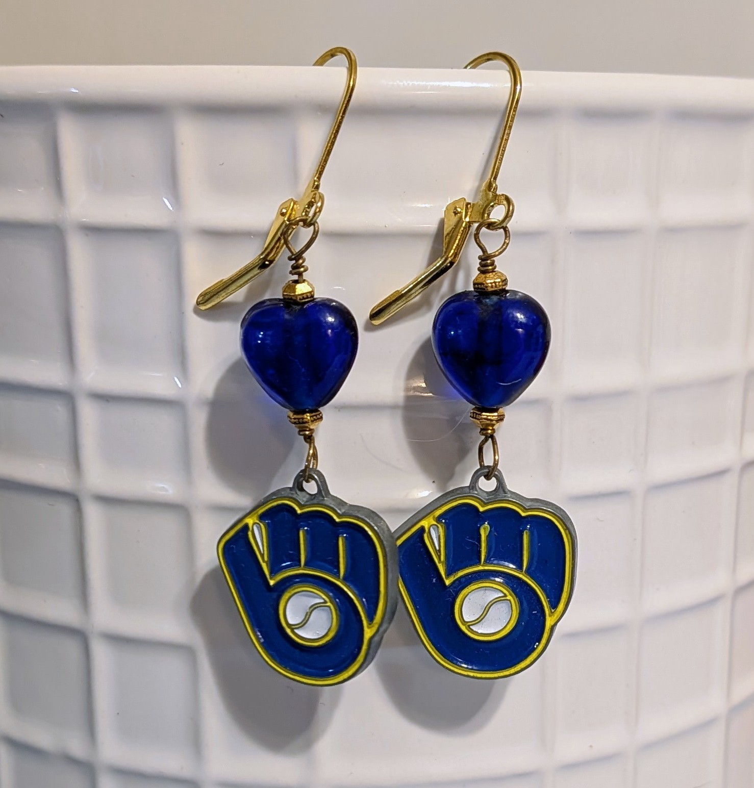 Milwaukee Brewers Baseball Dangle Earrings, Blue & Yellow, One of a Kind Design