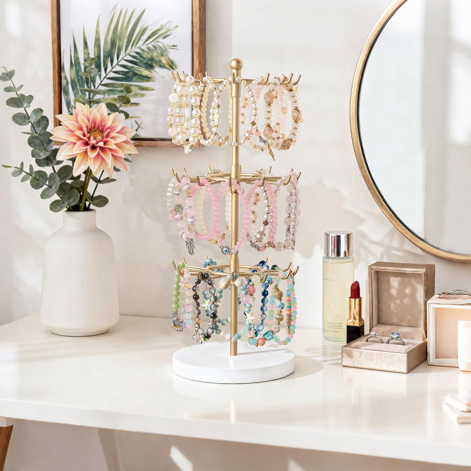 Gold Rotating Bracelet Stand 3 Tier 36 Hooks Wood Base, Jewelry Display Tower
