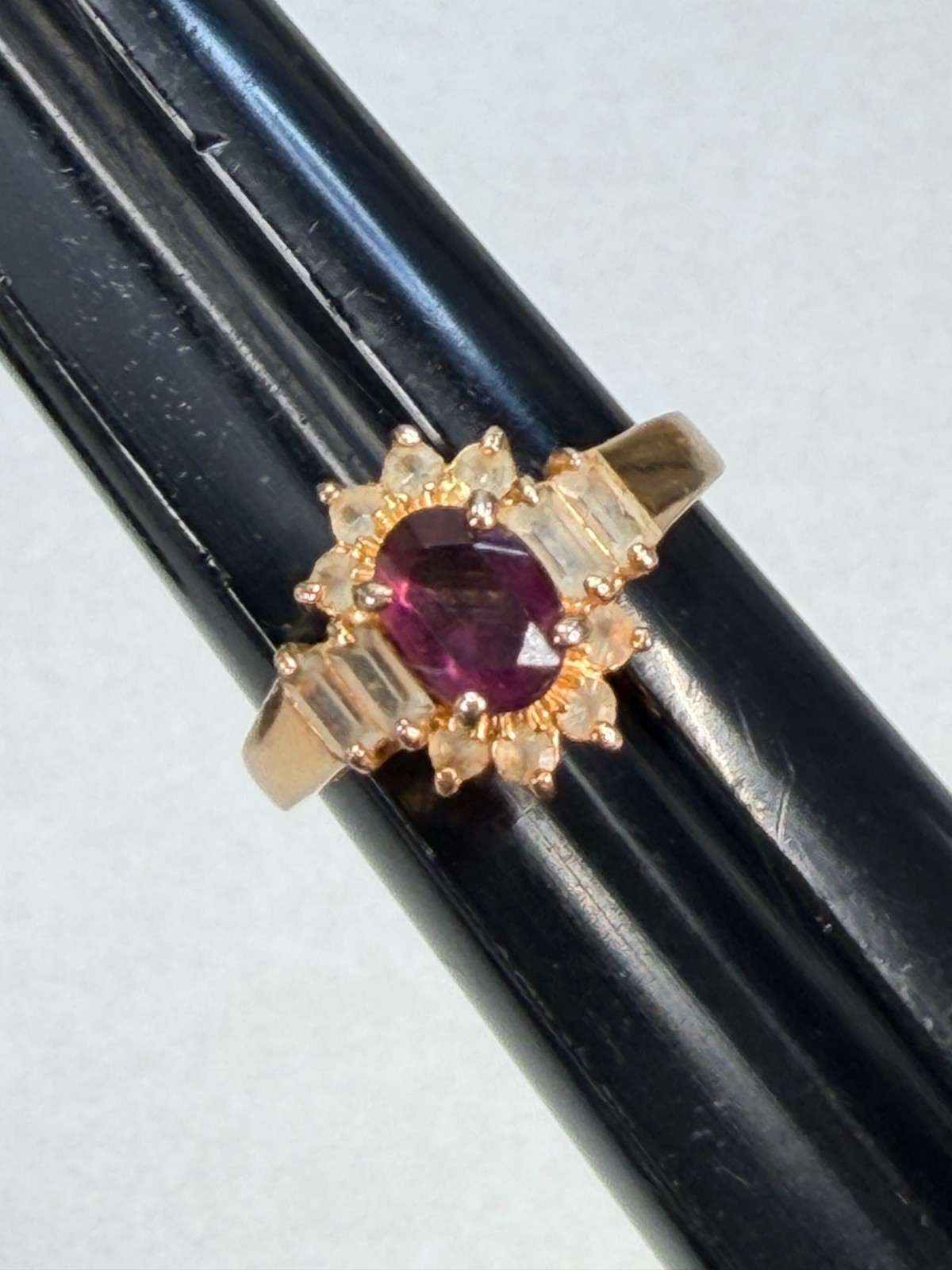 Vintage 14K GE Taiwan Ruby Red CZ Cocktail Ring Baguette Halo Estate Jewelry