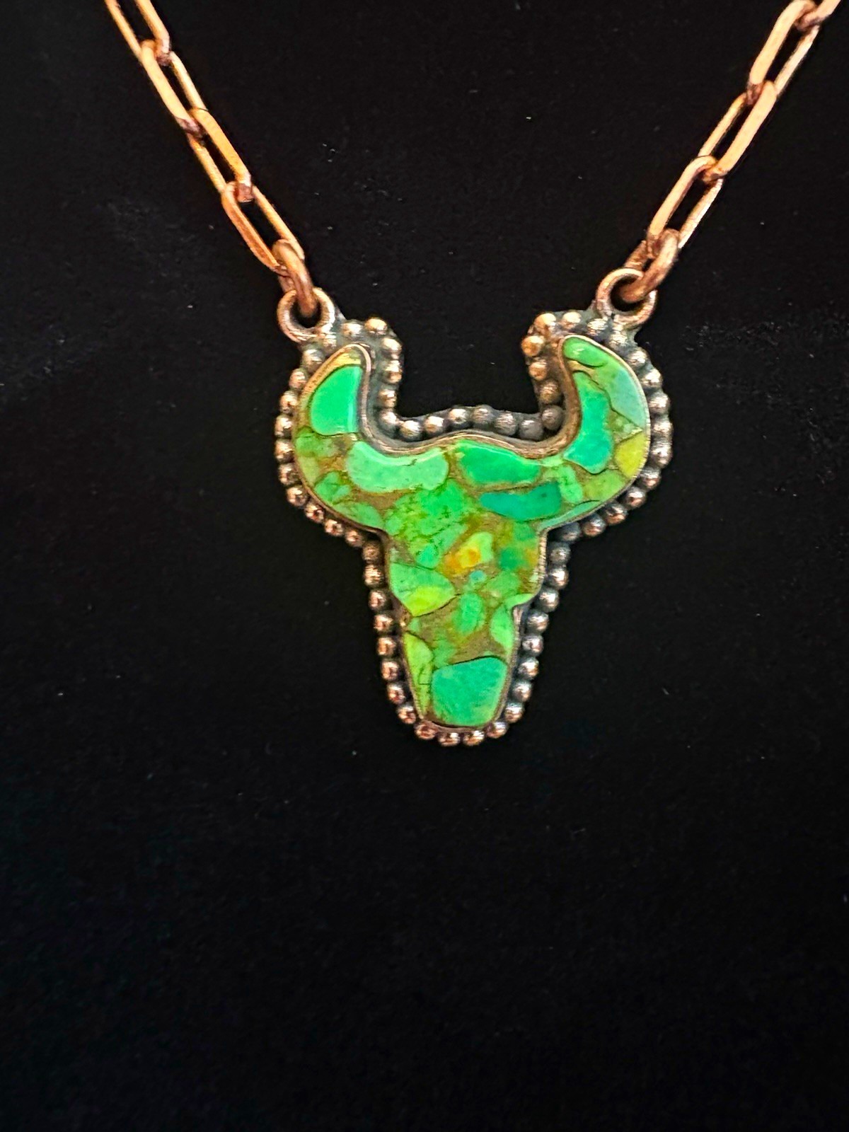 Peacock Dahlia Bull Face Copper Necklace