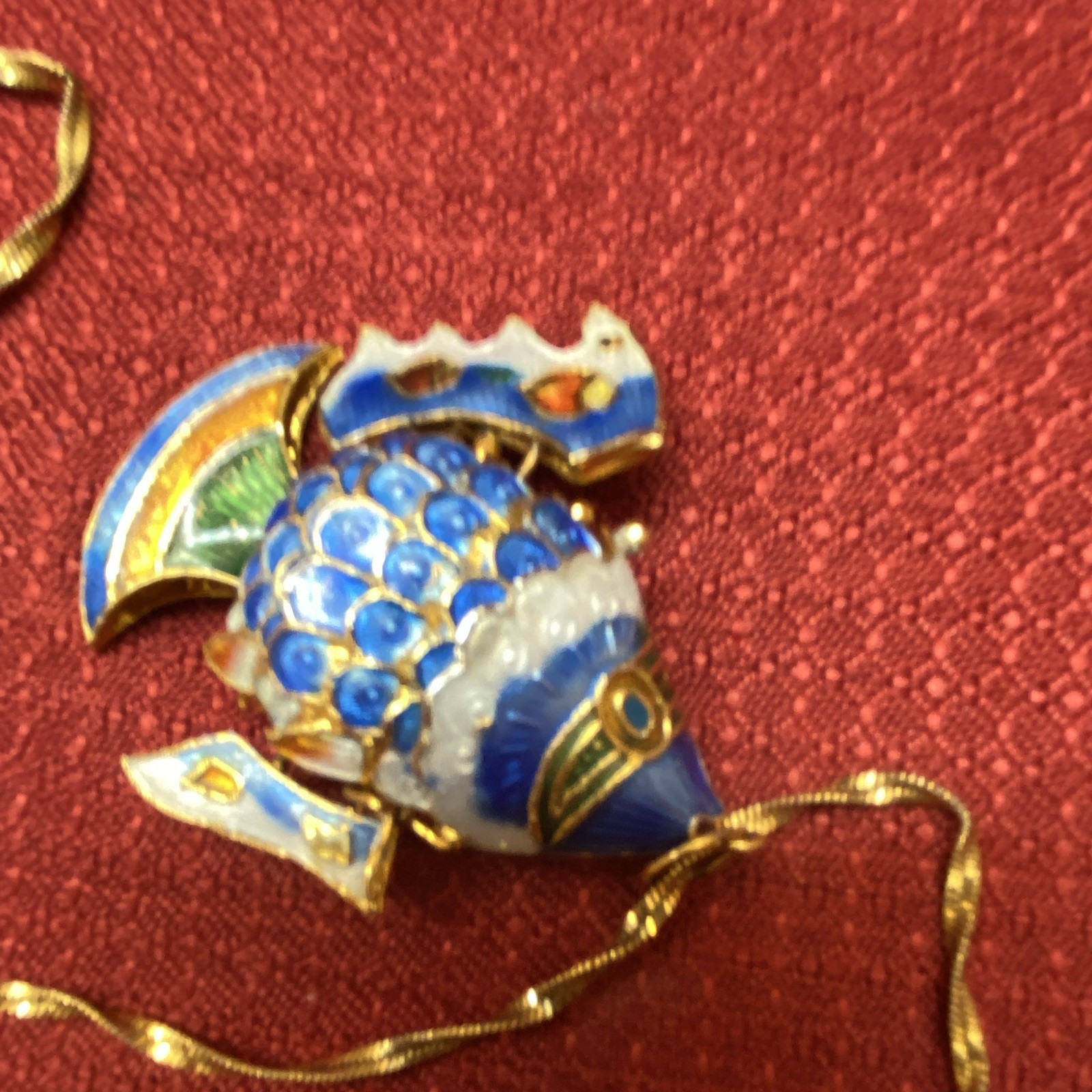 VTG Chinese Cloisonné Articulated Fish Pendant 25.5” Chain Reversible Blue