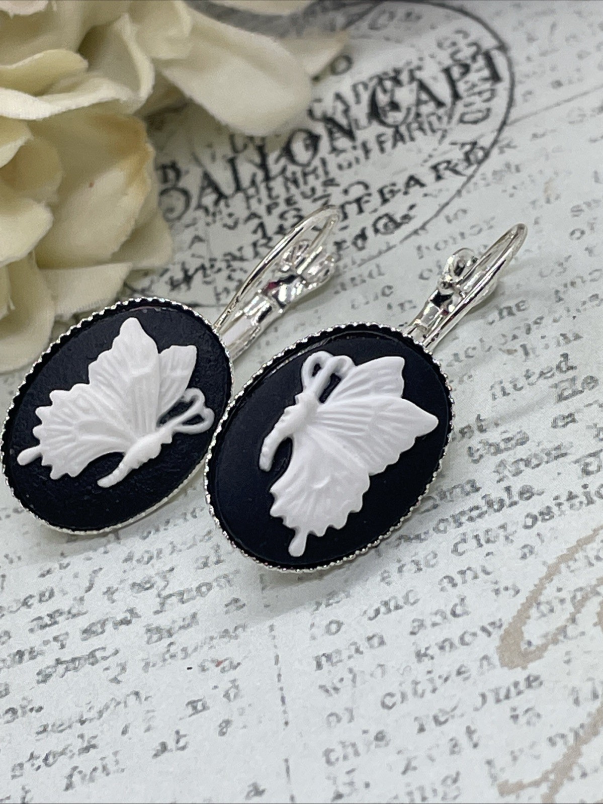 Black Butterfly Gift Cameo fancy Silver Boutique French Wire Earrings Wedding
