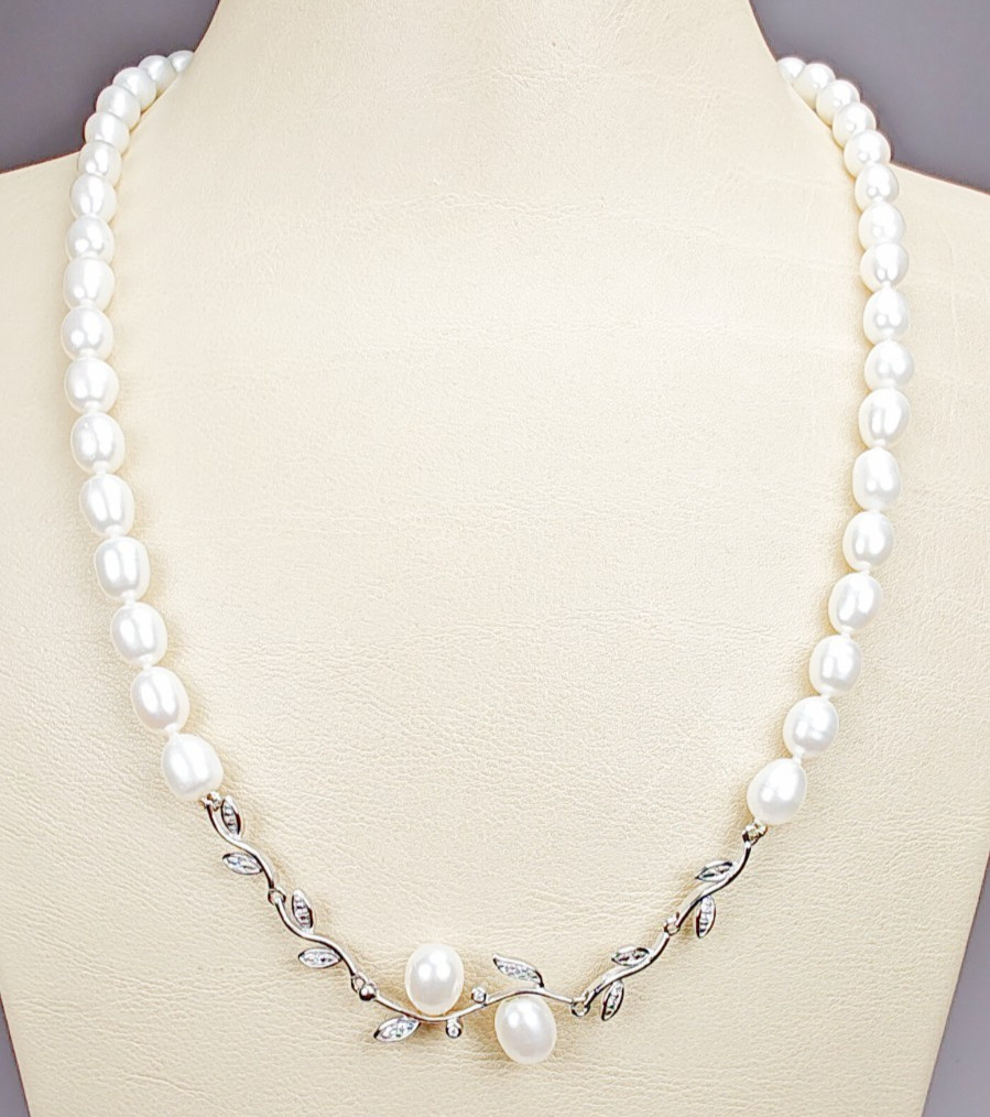 925 Sterling Silver Diamond White Cultured Freshwater Pearl Necklace 18–19.5″