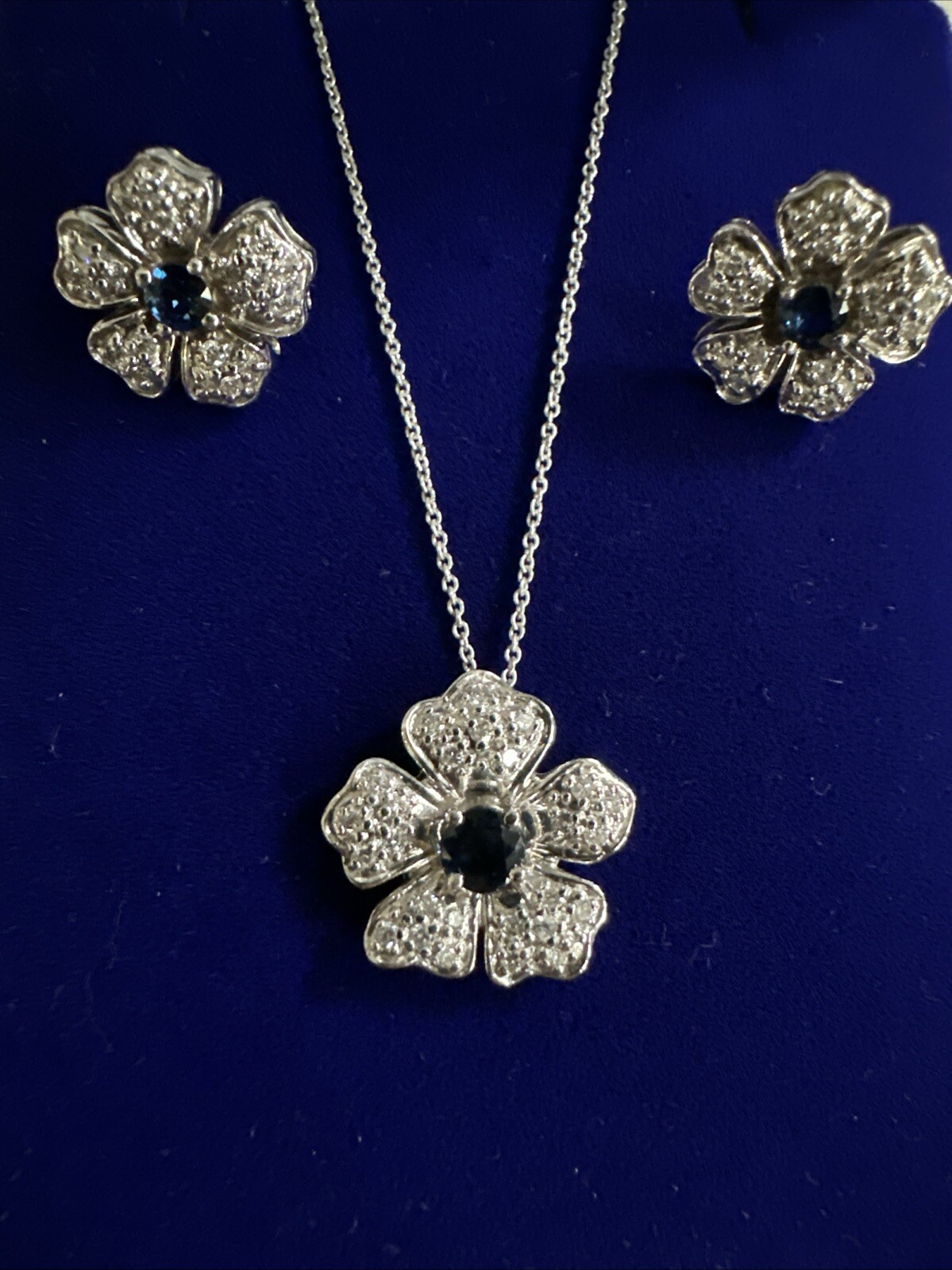 Estate 14k White Gold Flower Sapphire Diamond Pendant & Earrings 8.8grams