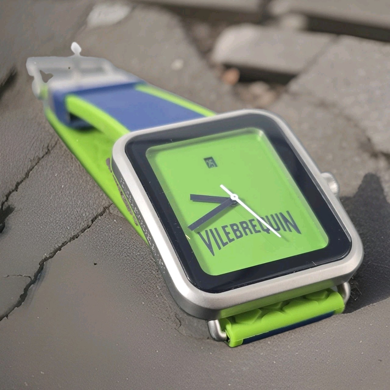 Vilebrequin Mens Watch Lime Green Navy Blue Silicone Square Date St Tropez 1971
