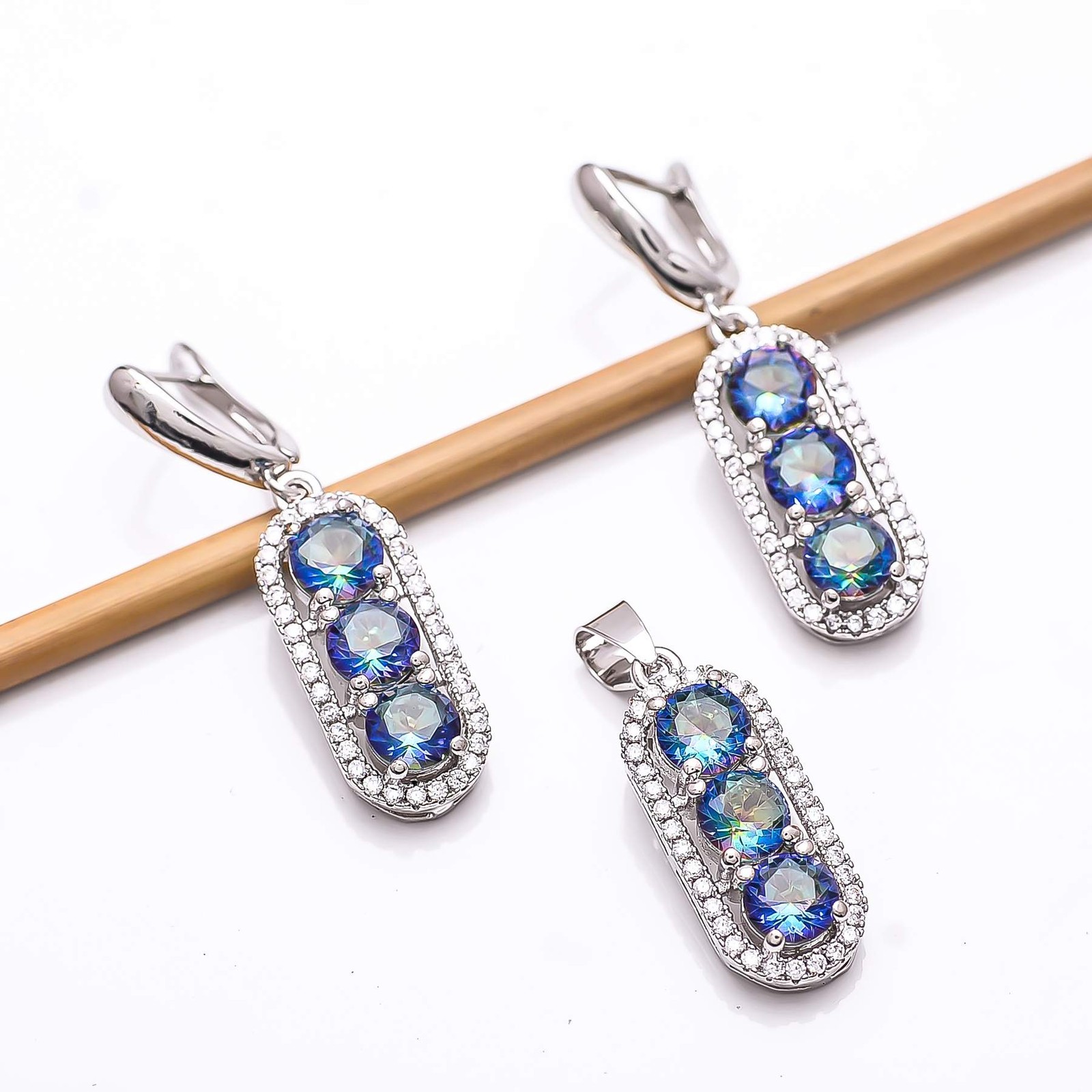 Blue Rainbow Mystic Fire Topaz & CZ 925 Silver Handmade Pendant Set PS8188