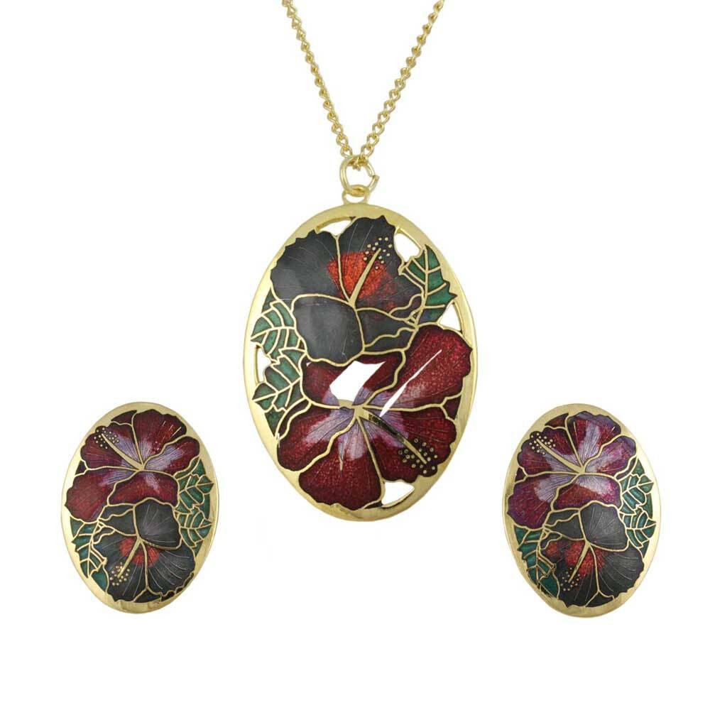 Red and Gray Hibiscus Cloisonne Necklace and Earring Set – CP90NBS