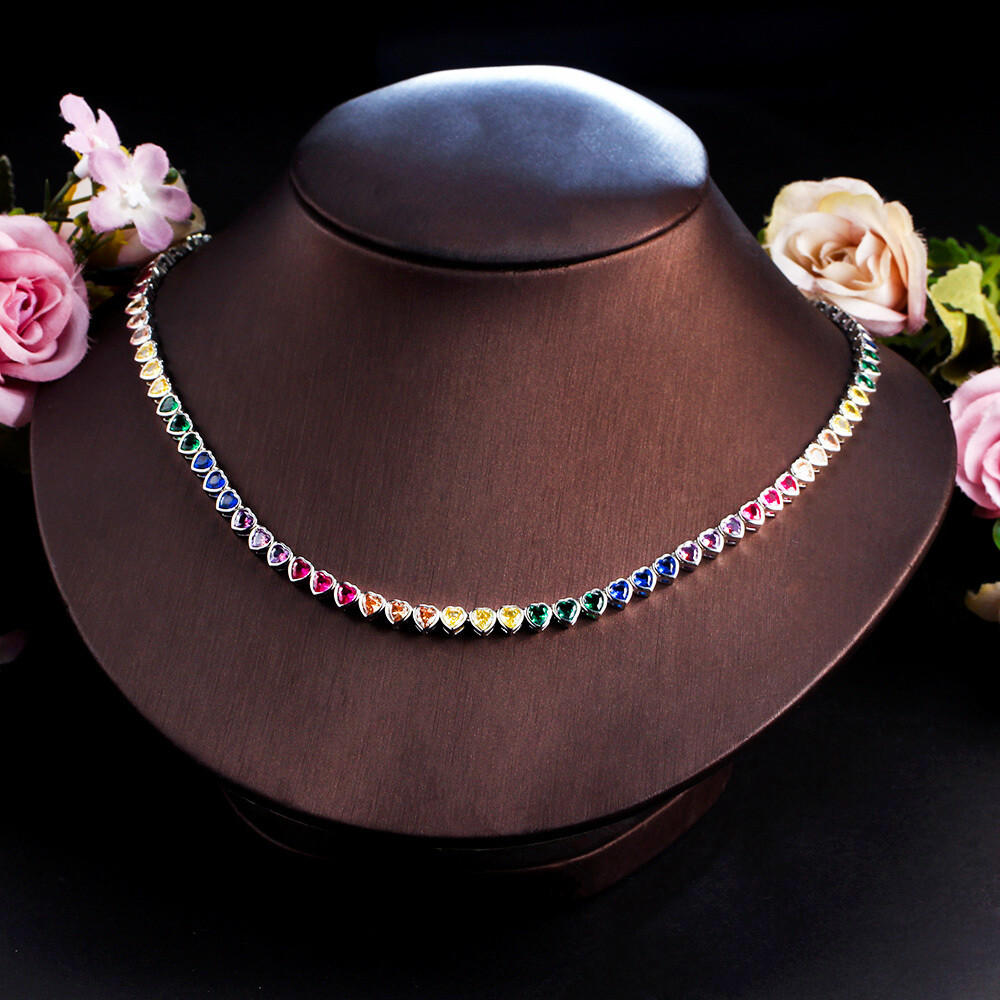 Gold Plated Rainbow Cubic Zircon Heart Tennis Necklace for Women Wedding Jewelry
