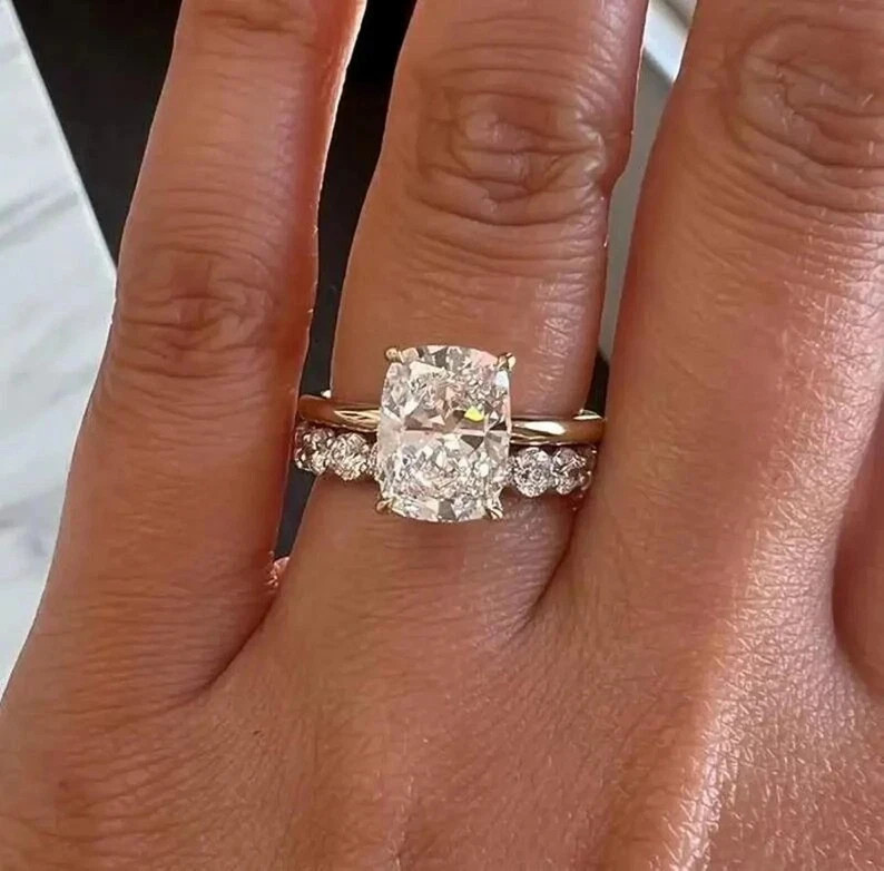 3.75CT Cushion-Cut VS1 Lab Grown Diamond Bridal Set Wedding Ring 14K Yellow Gold