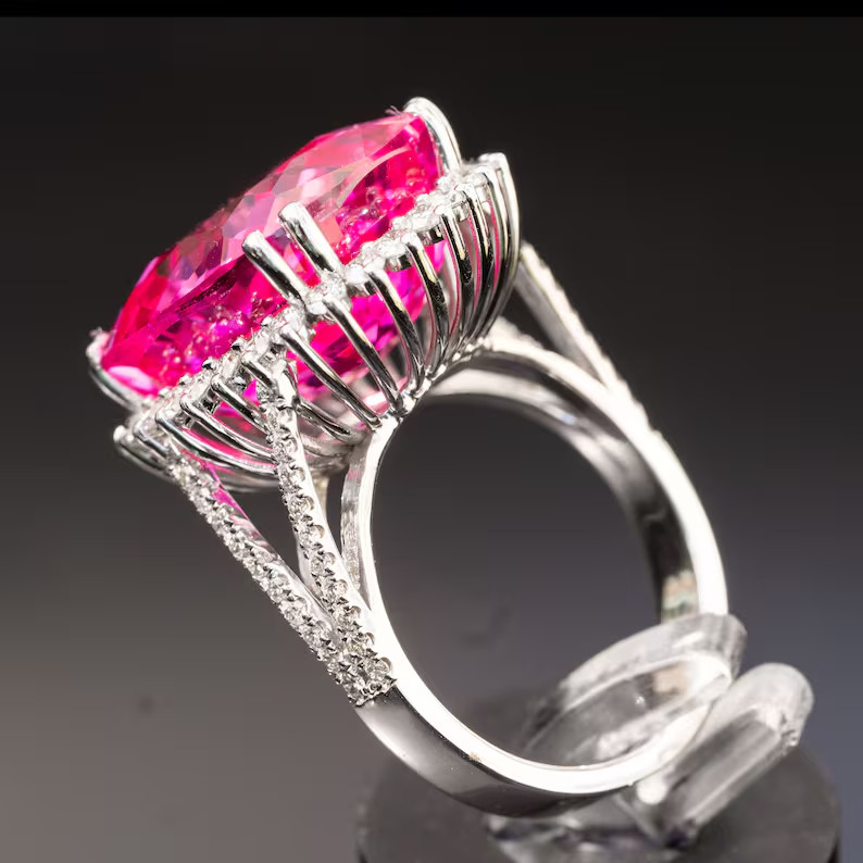 12.70 Ct Cushion Cut Natural Pink Sapphire Diamond Wedding Ring 14K White Gold