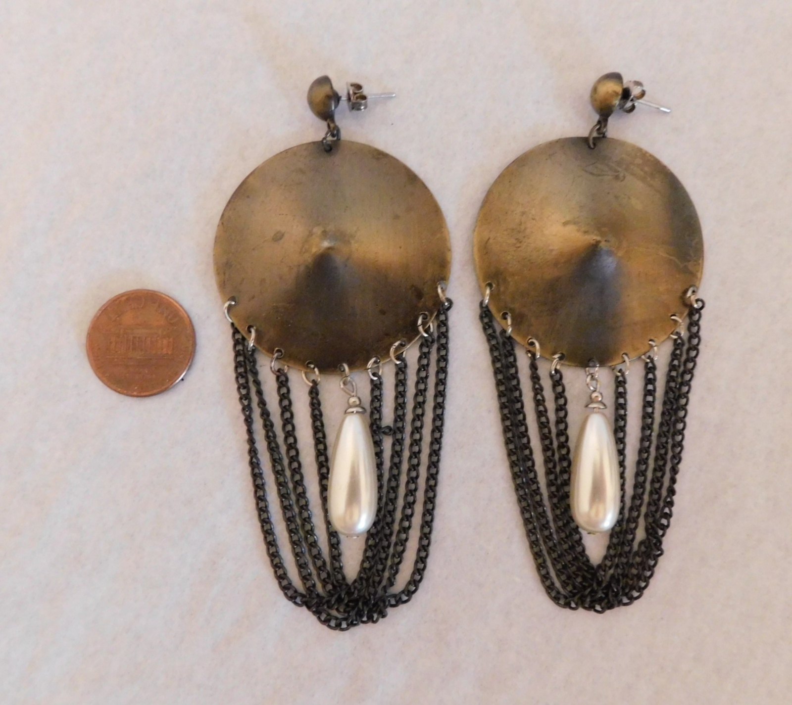 Large Dangle Earrings – Copper/Brass Color Disc / Chain / Bead – Pierced (#E191)