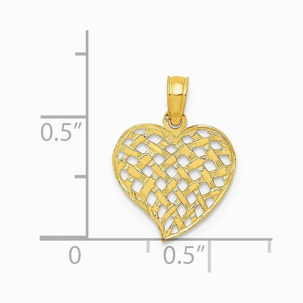 10K / 14K Yellow Gold Polished Basket Weave Pattern Heart Pendant