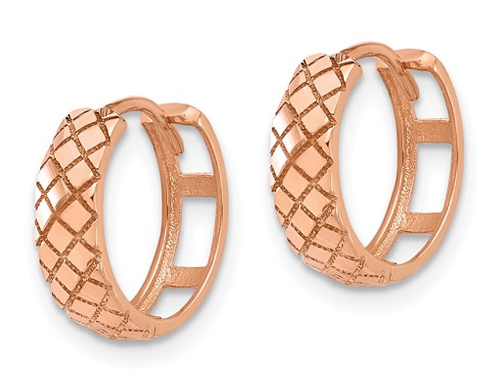 14K Rose Pink Gold Etched Hinged Hoop Earrings (4.00mm thick)