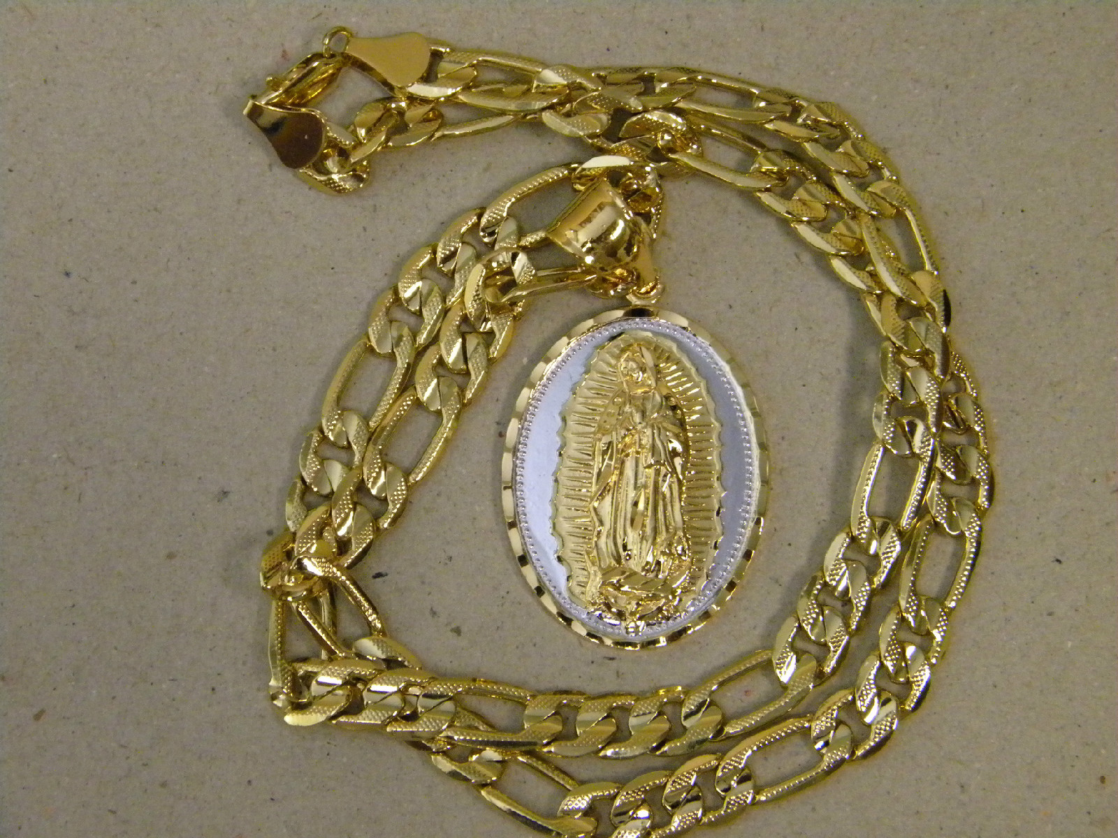 Men’s Yellow Gold Rhodium Plated Figaro Chain Mother Mary Charm Set 24in 6 10mm