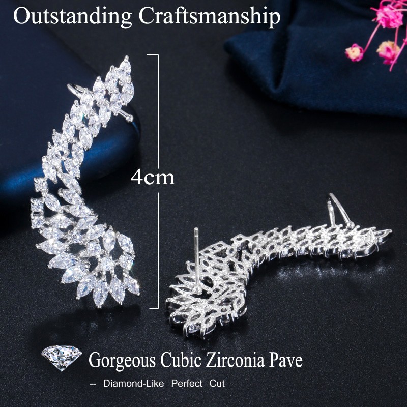 Silver Plated Cubic Zircon Symmetrical Stud Ear Cuff Climber Earrings for Women