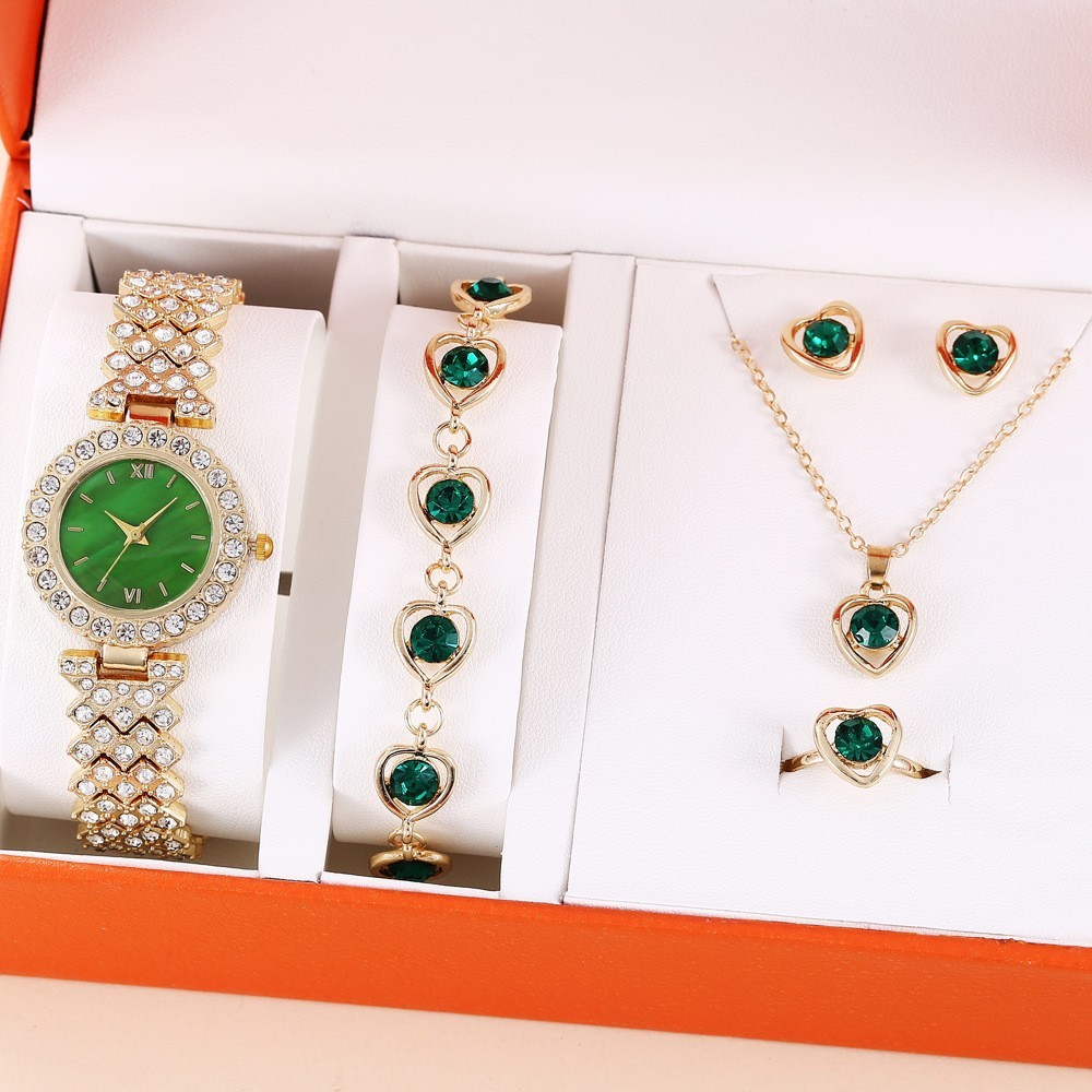 5-piece Women’s Zircon Inlaid Watch Necklace Earrings Bracelet Ring Set Gift