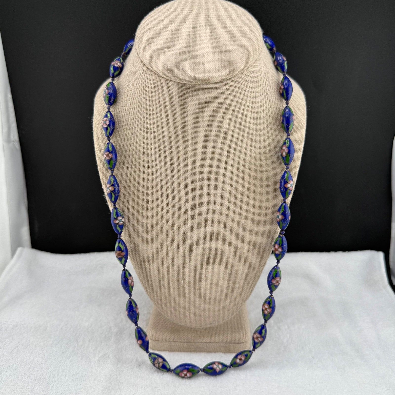 Vintage Chinese Export Cloisonné Beaded Necklace Cobalt Blue 27”