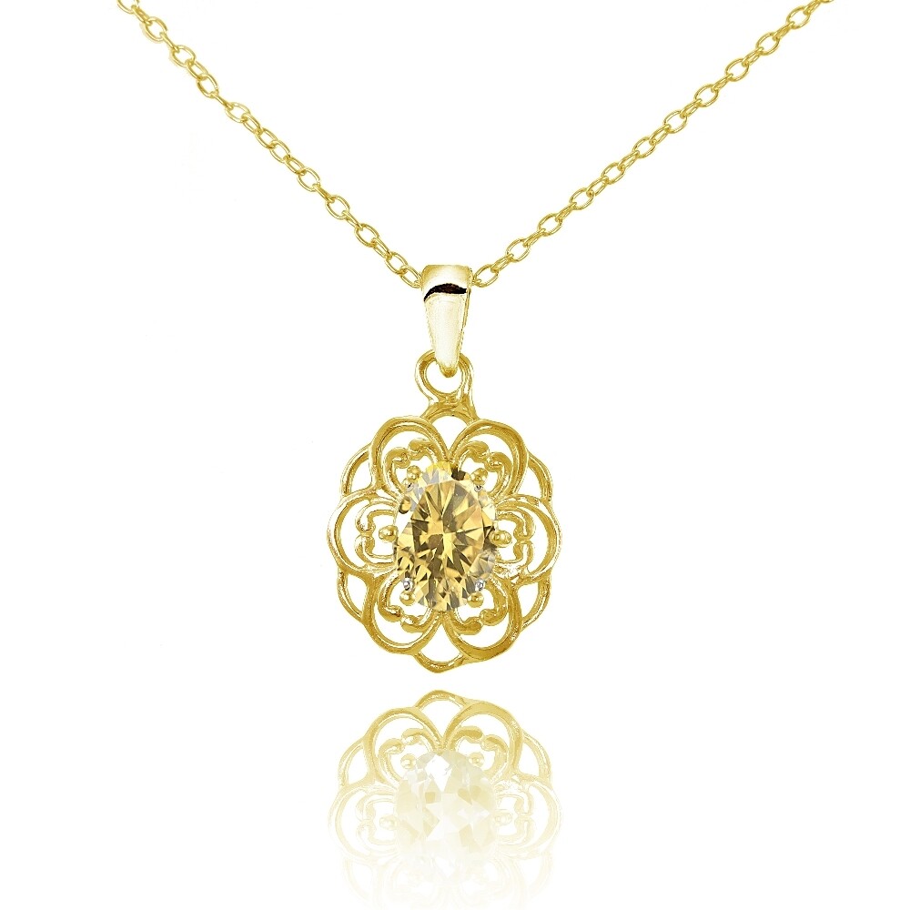 Yellow Gold Flashed Sterling Silver Citrine Filigree Oval Flower Necklace