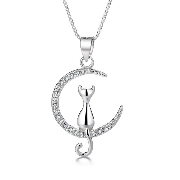 925 Sterling silver CZ Crescent Moon Cat pendant necklace 18″ Chain Gift PE54