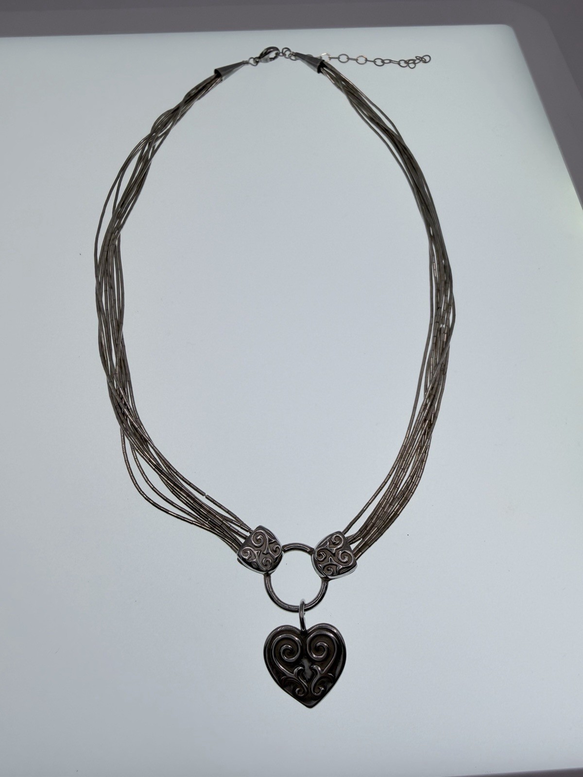Signed S 925 Sterling Silver 8 Strand Liquid Silver Heart Necklace 17in+3in